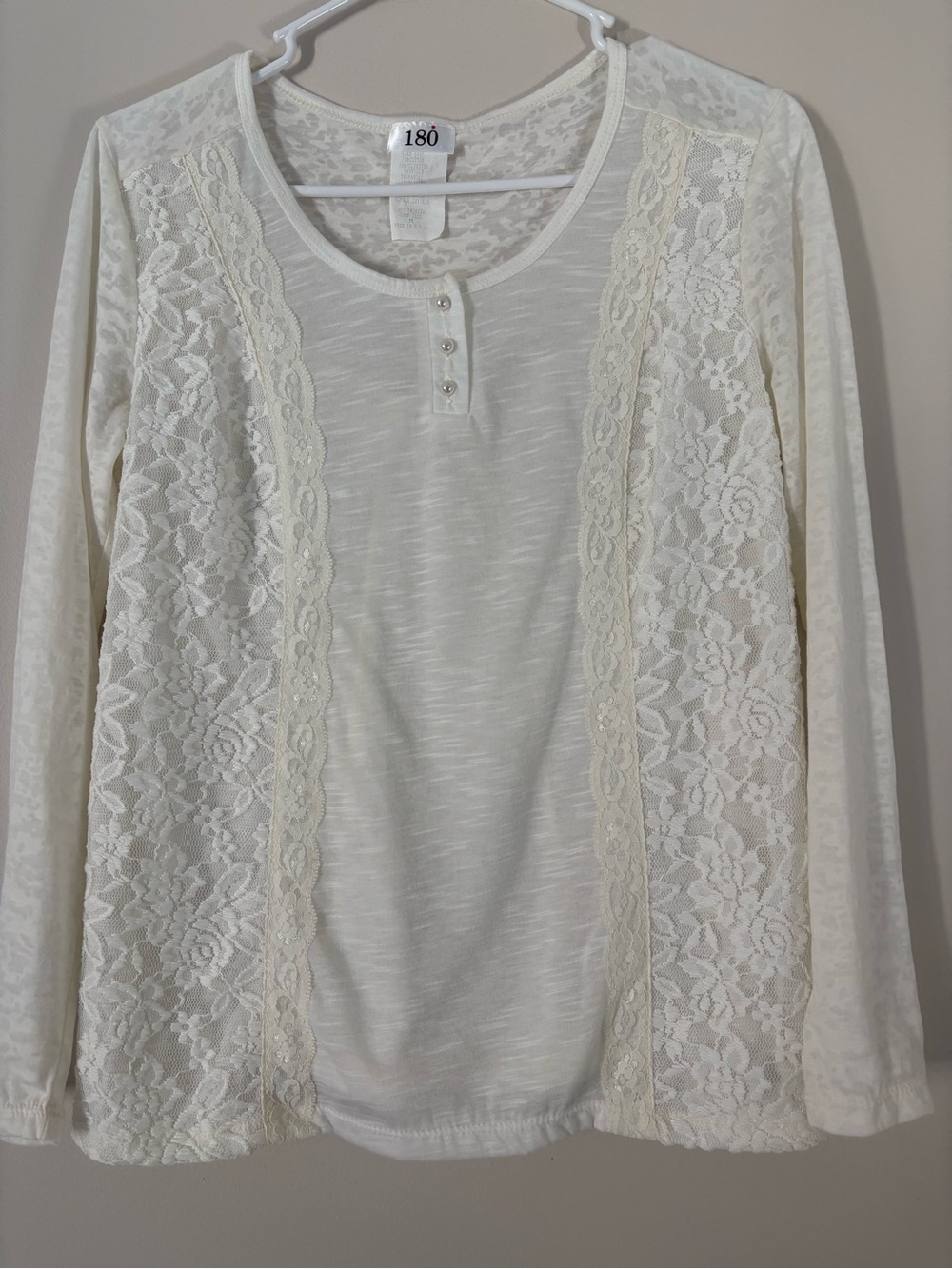 Ada Cream Lace-Trim Long Sleeve Henley Top